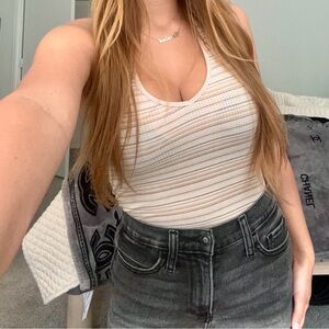 American Eagle White and Tan Striped Tank Top